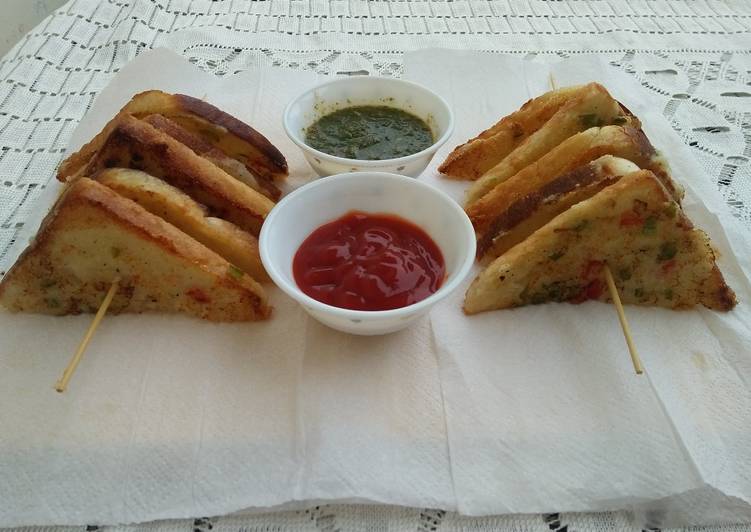 Recipe of Any-night-of-the-week Rava Toast with Coriander chutney &amp;Tomato sauce