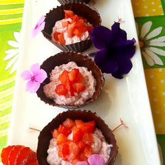 Strawberry cream in chocolate cups A picture of Strawberry cream in chocolate cups.