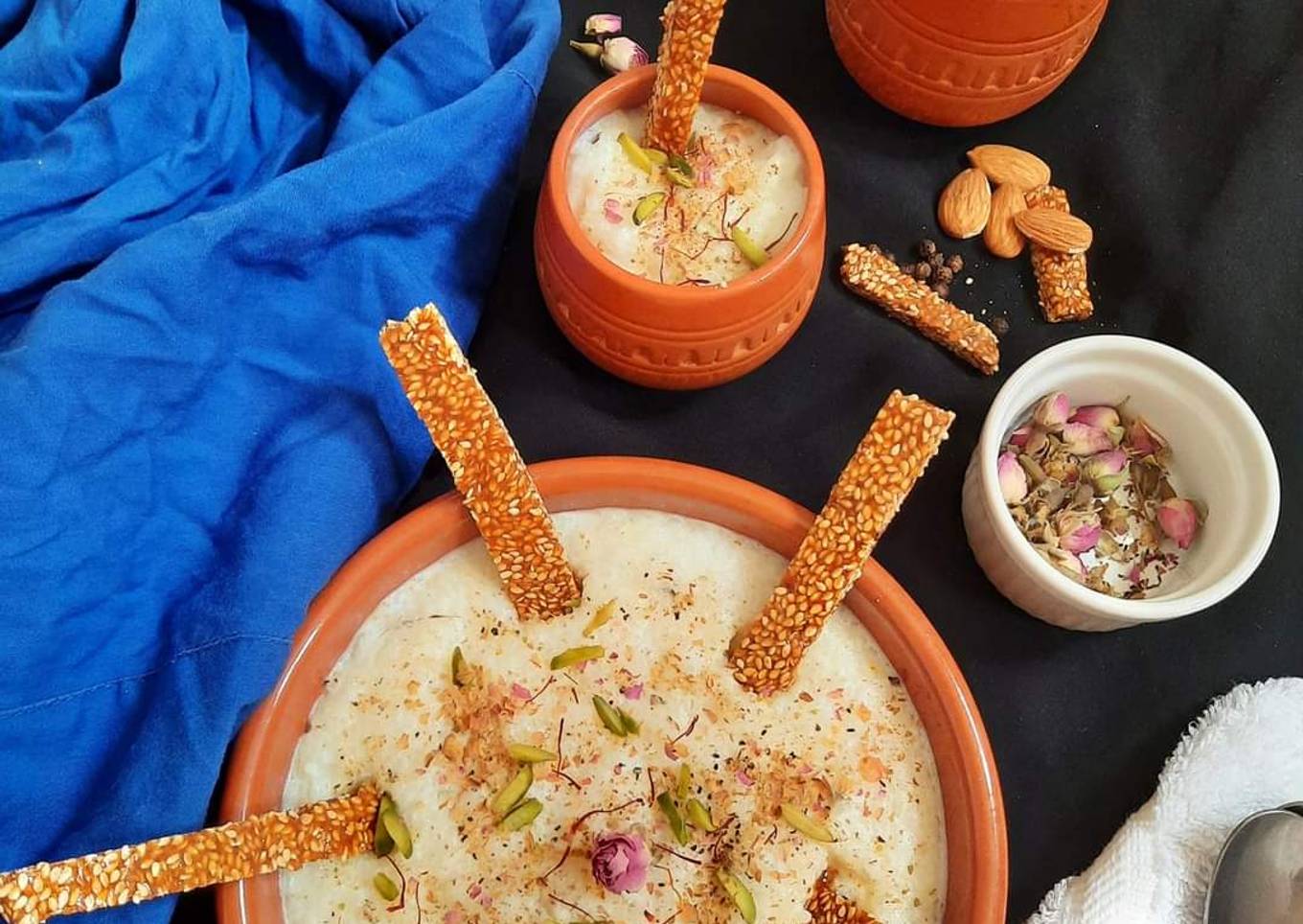 Thandai kheer served with Thandai flavoured Sesame Chikki