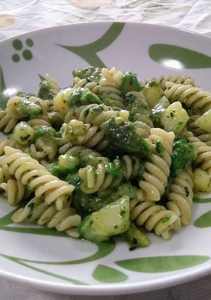 A picture of Fusilli with Potatoes, Asparagus, and Basil Pesto.