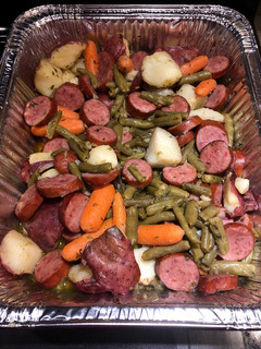 A picture of Kielbasa with Veggies.