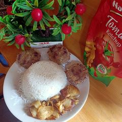 A picture of Shami kabab with plain rice.