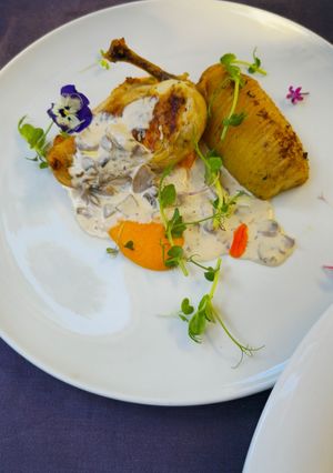 Foto de Supremo de frango com molho de cogumelos, batata assada e puré de cenoura