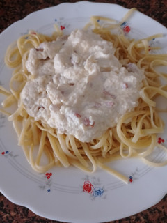 Una foto de Pasta con nata y bacon