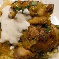 Saffron and cinnamon braised chicken with lemon yogurt A picture of Saffron and cinnamon braised chicken with lemon yogurt.