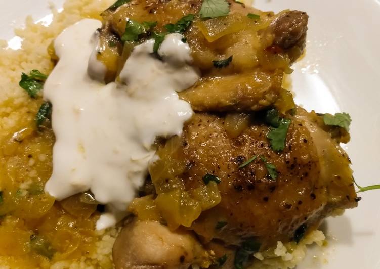 Saffron and cinnamon braised chicken with lemon yogurt