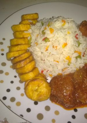 A picture of Spring Fresh Veggie Rice Paired with Plantain and Buka Stew.