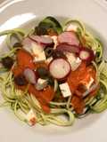 Zucchini Spaghetti with Tomato Sauce, Kalamata Olives, Feta, and Radishes