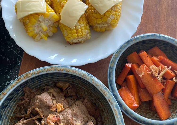 Simple Way to Make Perfect Super Lunch: grilled corn, carrot and beef