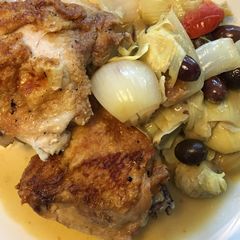A picture of Braised Chicken With Artichokes and Olives.