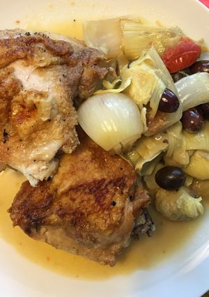 A picture of Braised Chicken With Artichokes and Olives.