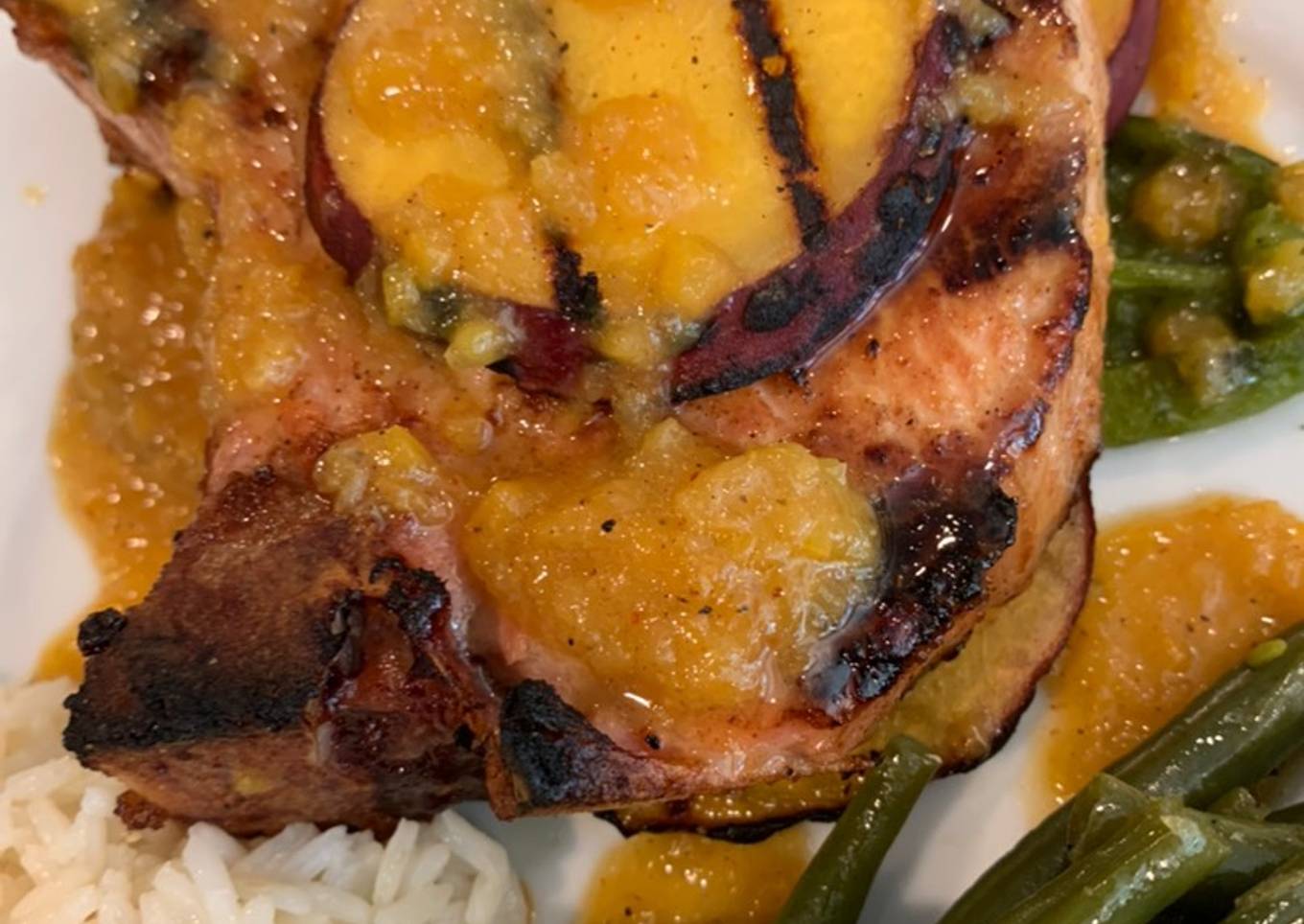 Grilled Poblano Peppers, Peaches & Pork Chops with Peach Chutney Sauce