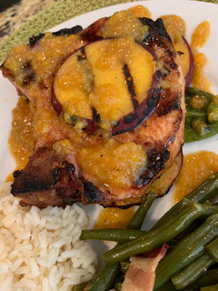 A picture of Grilled Poblano Peppers, Peaches & Pork Chops with Peach Chutney Sauce.