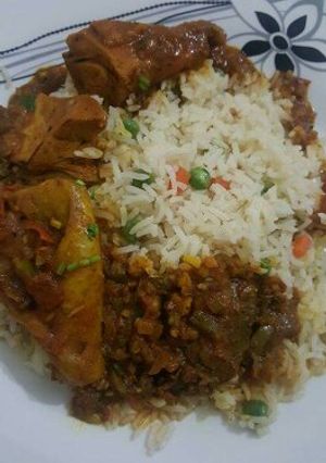 A picture of Vegetables rice with beef stew.