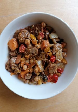 A picture of Sausage and sweet potato bake.