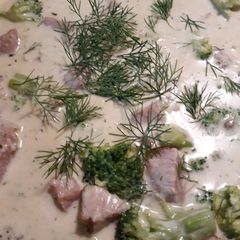 A picture of Ham, Broccoli, Gouda Cheese Soup.