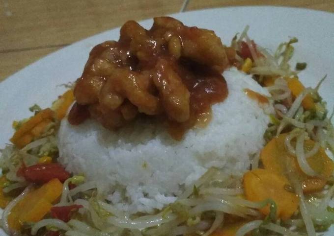 Nasi ayam popcorn saus tiram simple