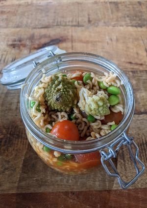 A picture of Rominesco cauliflower, spicy sweet Instant noodles, pot noodles.