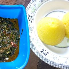 A picture of Eba with vegetable soup.