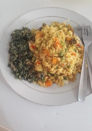 A picture of FriedCouscous with spinach salad.