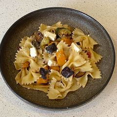 Pasta with roasted vegetables and feta cheese salad A picture of Pasta with roasted vegetables and feta cheese salad.