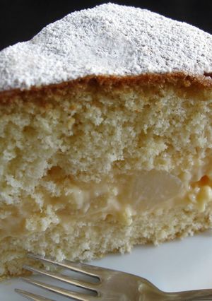 A picture of Sponge Cake With Custard & Pear.