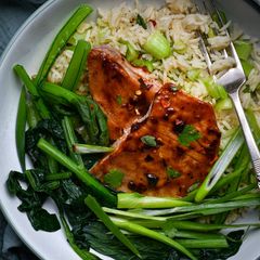 A picture of Hoisin Glazed Tuna Steak With Choi Sum.