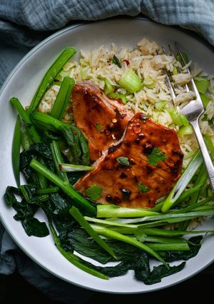 A picture of Hoisin Glazed Tuna Steak With Choi Sum.