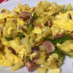 Scrambled egg with potato and sausages A picture of Scrambled egg with potato and sausages.