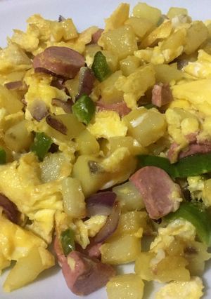 A picture of Scrambled egg with potato and sausages.