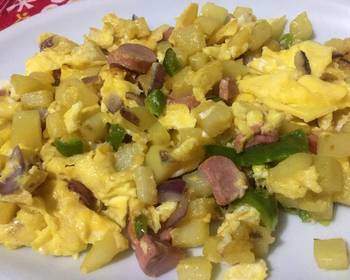 Update, Prepare Recipe Scrambled egg with potato and sausages Delicious Simple