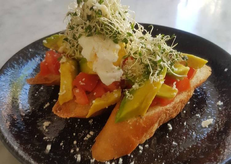 Recipe of Award-winning Avomato Bruschetta With Poached Egg And Alfalfa