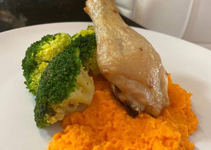 Baked Chicken Drumstick Served with Carrot Puree and Blanch Broccoli