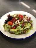 Basque sausage, goats cheese, broad bean and spring onion salad