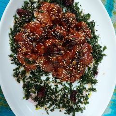 A picture of Sparkling crackling spenich with honey garlic crispy chicken.