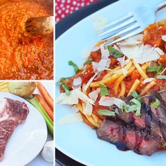 A picture of Bucatini Pomodoro with Grilled Fullblood Wagyu Steak.