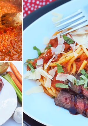 A picture of Bucatini Pomodoro with Grilled Fullblood Wagyu Steak.