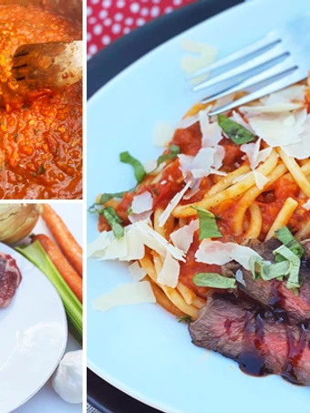 Easy Way Make Recipe Bucatini Pomodoro with Grilled Fullblood Wagyu Steak that is Delicious, Appealing}