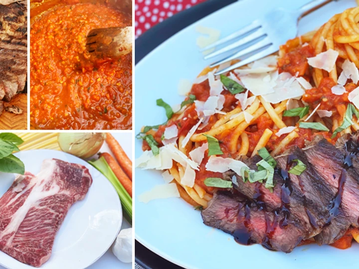 Easy Way Make Recipe Bucatini Pomodoro with Grilled Fullblood Wagyu Steak that is Delicious, Appealing}