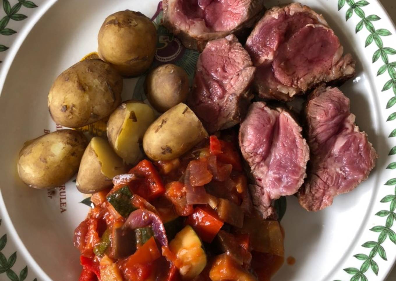 Fillet of lamb with ratatouille and Jersey Royal potatoes