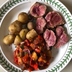 Fillet of lamb with ratatouille and Jersey Royal potatoes A picture of Fillet of lamb with ratatouille and Jersey Royal potatoes.