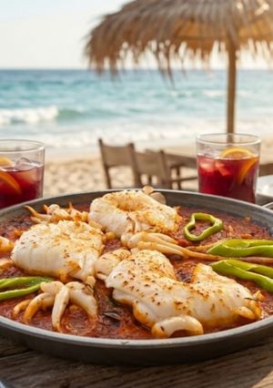 Una foto de Paella de arroz con Sepia