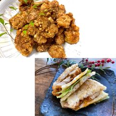Sembei(Japanese rice crackers) Fried Chicken and Rice Sandwich A picture of Sembei(Japanese rice crackers) Fried Chicken and Rice Sandwich.
