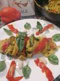 Tagliatelle with Basil Pesto, Garden Vegetables, and Almonds