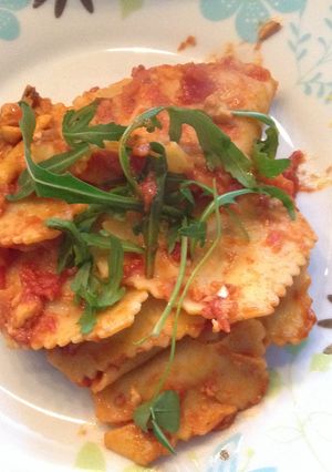 A picture of Arrabita Sauce Beef Mushroom Raviolli .
