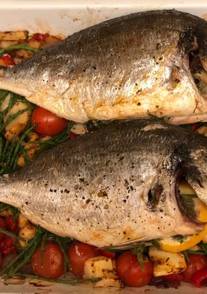 A picture of Oven roast harissa sea bream on samphire 🐟🌿.