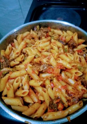 A picture of Macaroni and left over Nyama Choma.