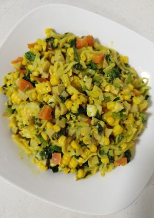 A picture of Turmeric Spinach Corn Kueh Noodles.