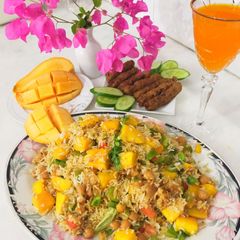 A picture of Mango chickpeas rice with frozen seekh kabab /Summer recipe.