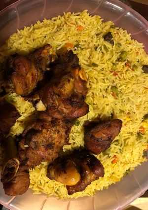 A picture of Fried rice and turkey.